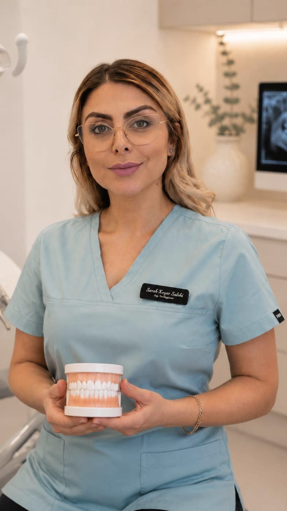 Sarab Koyar Salehi, legitimerad tandhygienist, med en tandmodell